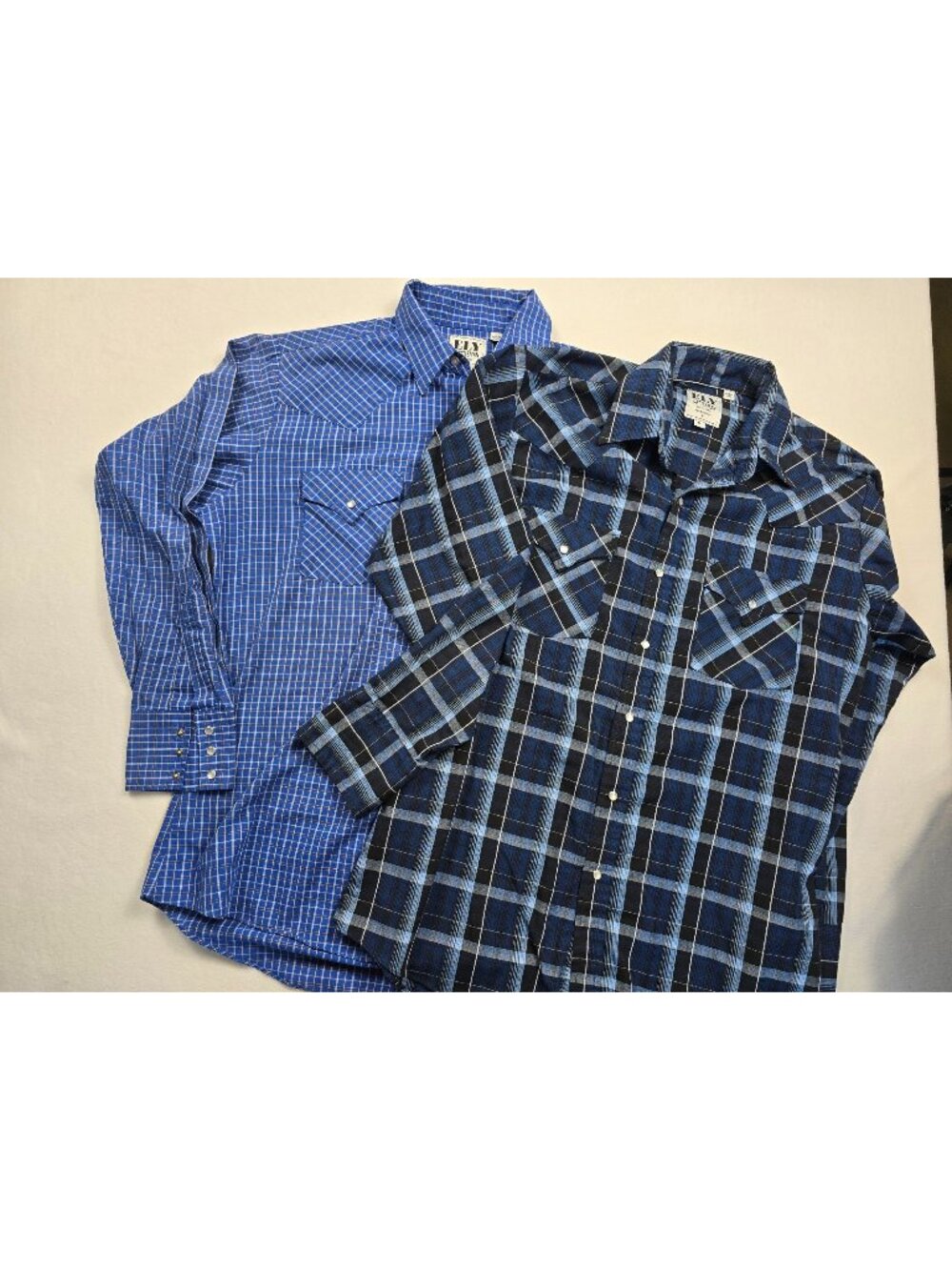 Ely Cattleman Mens Medium Western Pearl Snap Button Shirt Plaid Blue Set of TWO
